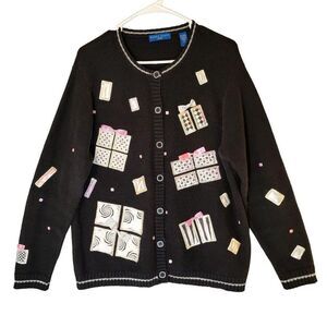 Karen Scott Embroidered 3D Cardigan Womens L Birthday Sequins Knit Presents